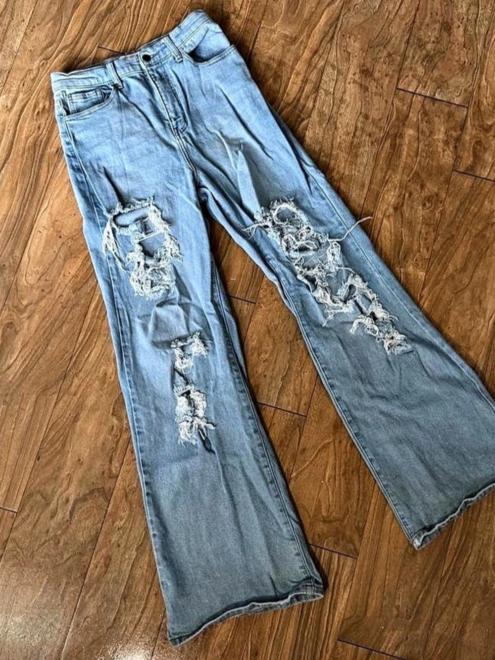 High-Rise Distressed Wide Leg Jeans. Distressed Flare Jeans in